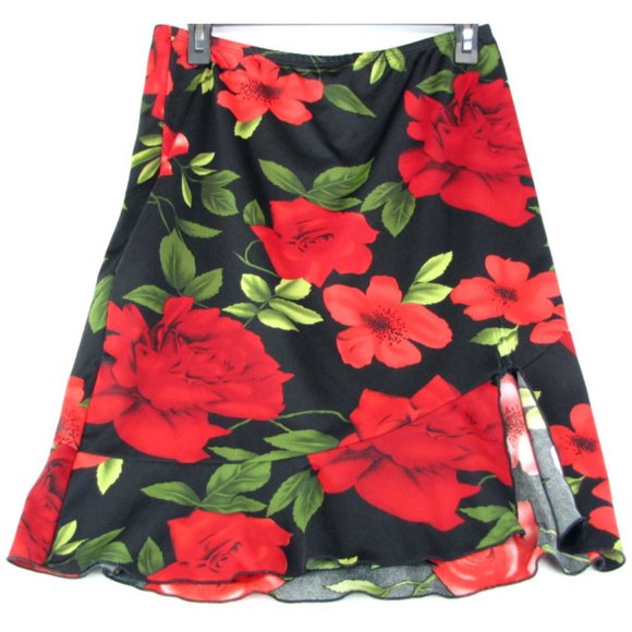 Rave City Dresses & Skirts - SALE!  Floral Flare Black Red Midi Knee Skirt